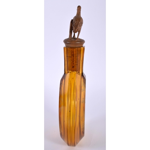 4 - A 19TH CENTURY BOHEMIAN AMBER GLASS HUNTING FLASK with Bavarian black forest carved wood stopper. 18... 