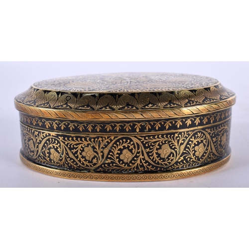 474 - A FINE 19TH CENTURY INDIAN BLACK ENAMEL BRONZE OVAL BOX AND COVER decorative all over with foliage a... 