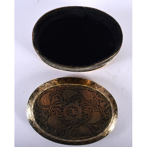 474 - A FINE 19TH CENTURY INDIAN BLACK ENAMEL BRONZE OVAL BOX AND COVER decorative all over with foliage a... 