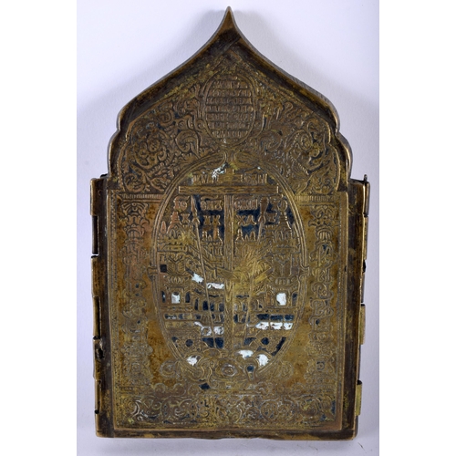 475 - AN 18TH CENTURY RUSSIAN ENAMELLED BRONZE FOLDING TRIPTYCH ICON depicting saints and scripture. 37 cm... 