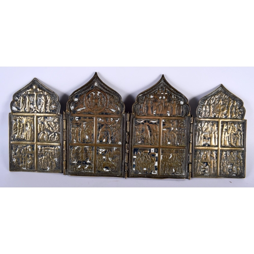 475 - AN 18TH CENTURY RUSSIAN ENAMELLED BRONZE FOLDING TRIPTYCH ICON depicting saints and scripture. 37 cm... 