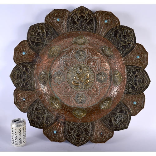 477 - A VERY LARGE 19TH CENTURY INDIAN TIBETAN COPPER AND MIXED METAL CHARGER of monumental proportions, i... 