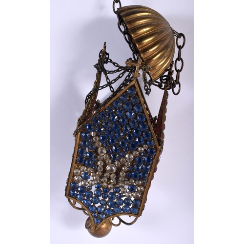 482 - AN UNUSUAL ANTIQUE FRENCH GEM SET HANGING CHURCH LANTERN. 20 cm high not inc chains.