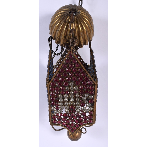 482 - AN UNUSUAL ANTIQUE FRENCH GEM SET HANGING CHURCH LANTERN. 20 cm high not inc chains.