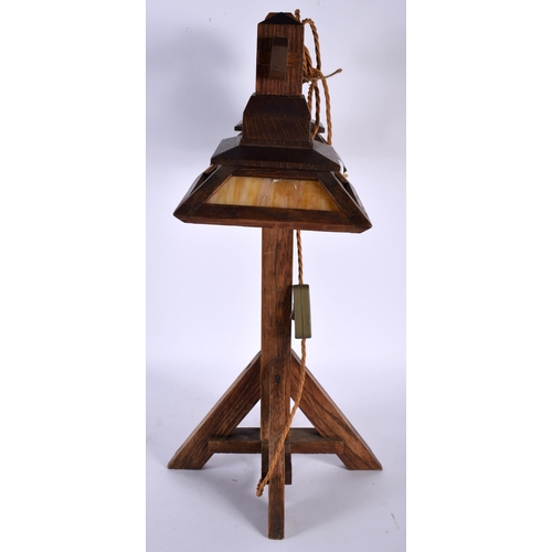 487 - A RARE 1920S AMERICAN MISSION STYLE OAK LAMP of angular form with two downlights. 56 cm x 40 cm.