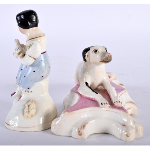 497 - A 19TH CENTURY ENGLISH PORCELAIN FIGURE OF A GREYHOUND together with another Staffordshire figure of... 