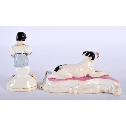 497 - A 19TH CENTURY ENGLISH PORCELAIN FIGURE OF A GREYHOUND together with another Staffordshire figure of... 