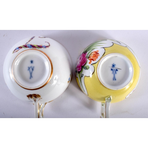 498 - AN 18TH CENTURY GERMAN MEISSEN PORCELAIN CUP AND SAUCER together with another Meissen cup. Largest 1... 