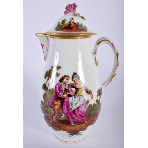 502 - AN 18TH CENTURY GERMAN PORCELAIN SPARROW BEAK JUG AND COVER painted with lovers within landscapes. 1... 