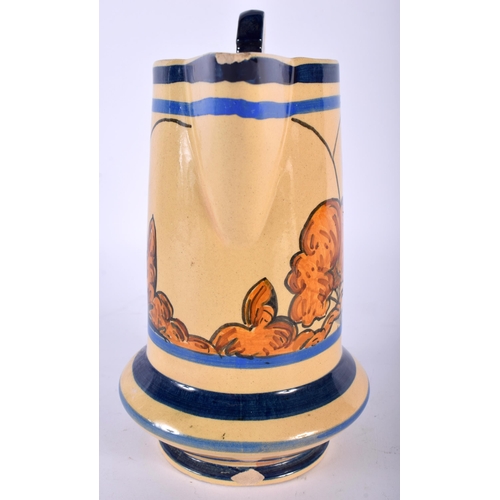 504 - A RARE HENRIOT QUIMPER POTTERY JUG with figural handle, painted with landscapes. 20 cm x 12 cm.