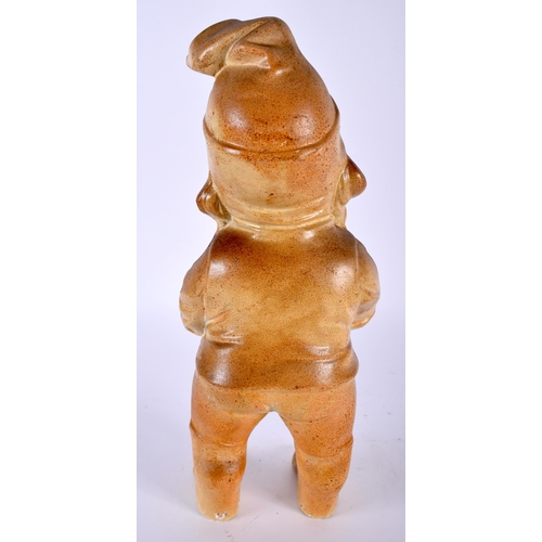 505 - A VERY UNUSUAL 19TH CENTURY ENGLISH STONEWARE FIGURE OF A GNOME modelled smiling with hands clasped.... 