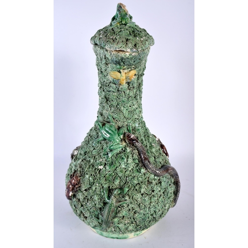 512 - A HUGE 19TH CENTURY PORTUGUESE MAJOLICA POTTERY EWER AND COVER Palissy or Mafra, overlaid with repti... 