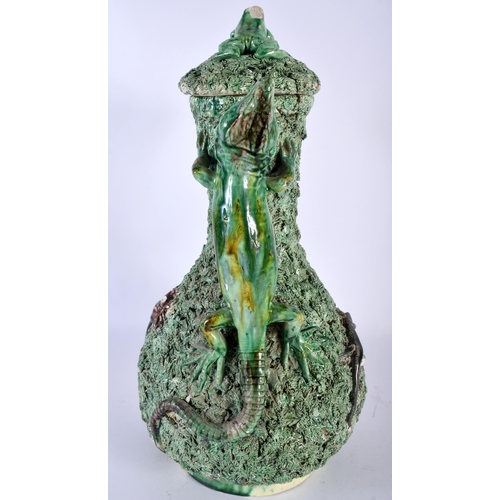 512 - A HUGE 19TH CENTURY PORTUGUESE MAJOLICA POTTERY EWER AND COVER Palissy or Mafra, overlaid with repti... 