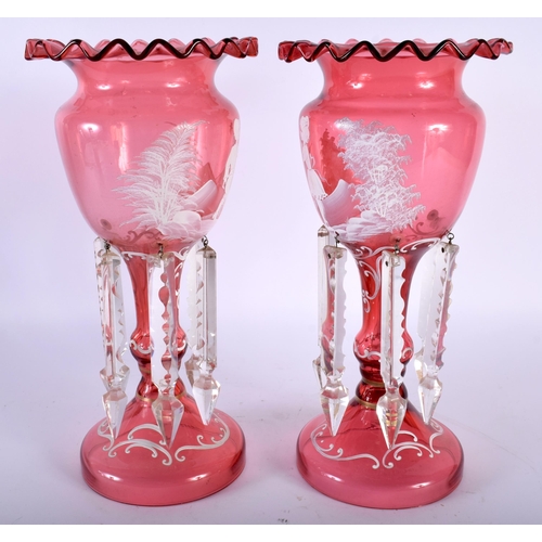 514 - A PAIR OF LATE 19TH CENTURY CRANBERRY MARY GREGORY GLASS LUSTRES. 30 cm high.