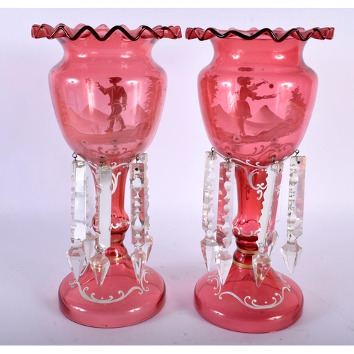 514 - A PAIR OF LATE 19TH CENTURY CRANBERRY MARY GREGORY GLASS LUSTRES. 30 cm high.