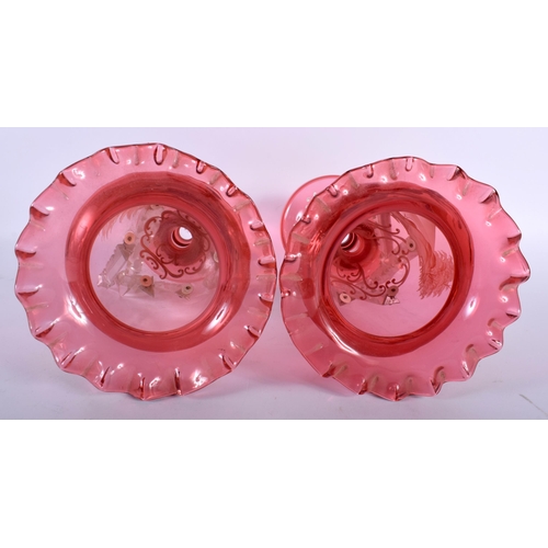 514 - A PAIR OF LATE 19TH CENTURY CRANBERRY MARY GREGORY GLASS LUSTRES. 30 cm high.