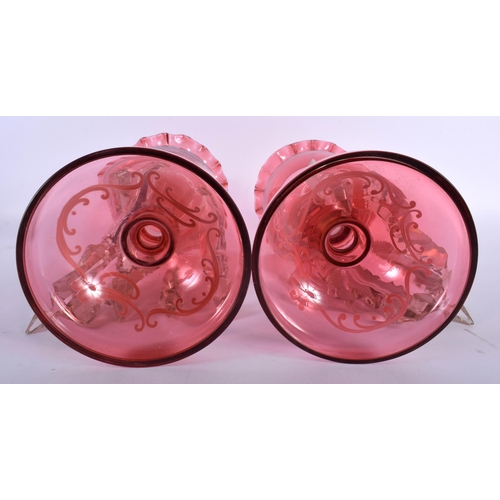 514 - A PAIR OF LATE 19TH CENTURY CRANBERRY MARY GREGORY GLASS LUSTRES. 30 cm high.