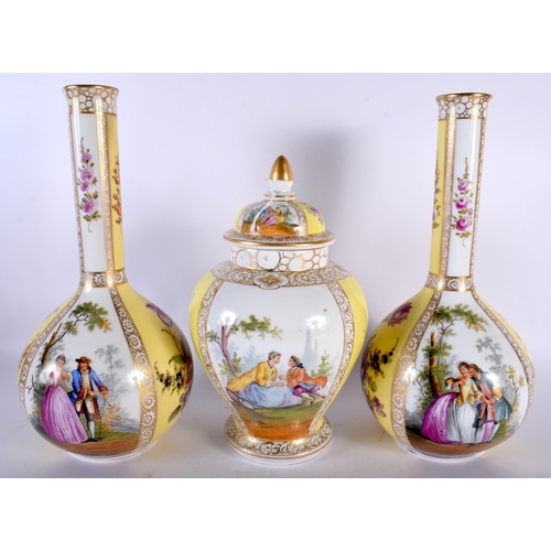 515 - A 19TH CENTURY GERMAN DRESDEN PORCELAIN GARNITURE OF VASES painted with figures upon a yellow ground... 