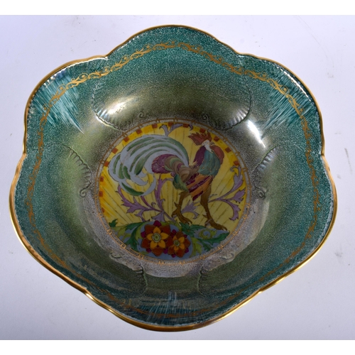 515D - AN ART DECO MINTON LUSTRE PORCELAIN SCALLOPED BOWL painted with a stylised cockerell. 26 cm diameter... 