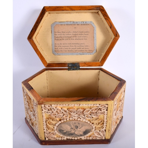 516B - AN ANTIQUE ROSEWOOD AND SCROLLING PAPER TEA CADDY AND COVER inset with engravings. 16 cm x 12 cm.