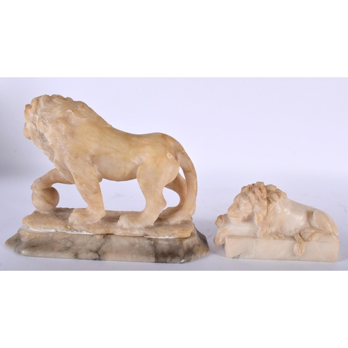 518 - A LARGE 19TH CENTURY ITALIAN GRAND TOUR CARVED ALABASTER FIGURE OF A LION together with a similar sm... 