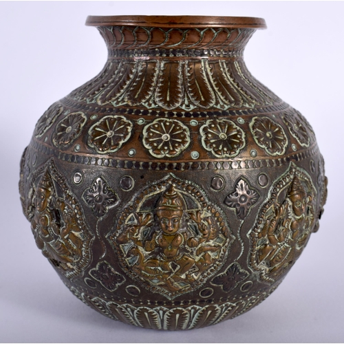 518A - A SMALL 19TH CENTURY INDIAN SILVER INLAID BRONZE BULBOUS VASE decorative with buddhistic figures. 10... 