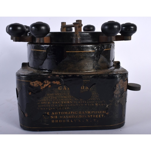 518C - AN UNUSUAL ANTIQUE AMERICAN TOLEWARE LACQUER HEAVY CHEQUE CANCELLING MACHINE. 18 cm x 15 cm.