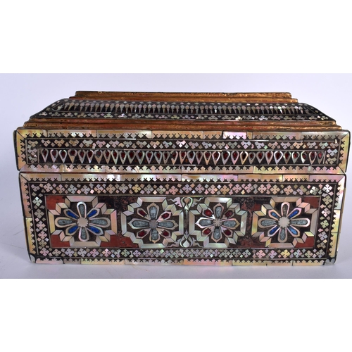 519B - AN ANTIQUE TURKISH MOTHER OF PEARL OTTOMAN WOOD CASKET decorative with floral roundels and geometric... 