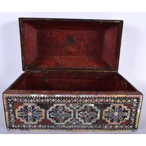 519B - AN ANTIQUE TURKISH MOTHER OF PEARL OTTOMAN WOOD CASKET decorative with floral roundels and geometric... 