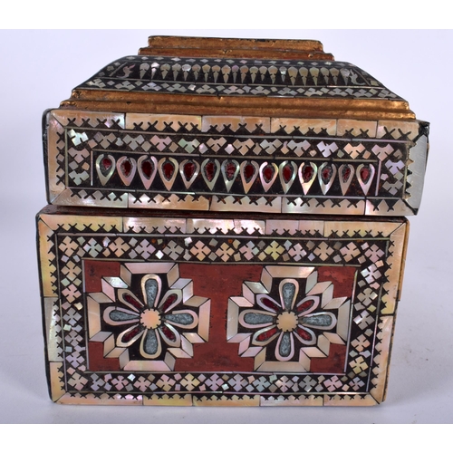 519B - AN ANTIQUE TURKISH MOTHER OF PEARL OTTOMAN WOOD CASKET decorative with floral roundels and geometric... 