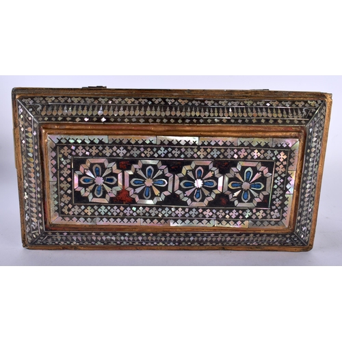 519B - AN ANTIQUE TURKISH MOTHER OF PEARL OTTOMAN WOOD CASKET decorative with floral roundels and geometric... 