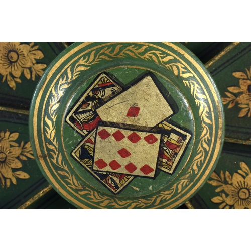 519E - AN ANTIQUE COUNTRY HOUSE GREEN LACQUER GILDING GAMING BOARD. 30 cm diameter.