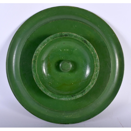 519E - AN ANTIQUE COUNTRY HOUSE GREEN LACQUER GILDING GAMING BOARD. 30 cm diameter.