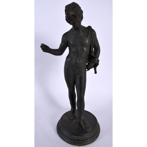 522 - A 19TH CENTURY ITALIAN GRAND TOUR BRONZE FIGURE OF NARCISSUS modelled upon a circular base. 27 cm hi... 