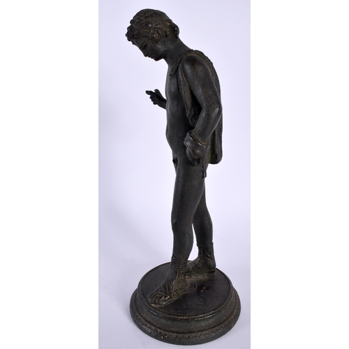 522 - A 19TH CENTURY ITALIAN GRAND TOUR BRONZE FIGURE OF NARCISSUS modelled upon a circular base. 27 cm hi... 