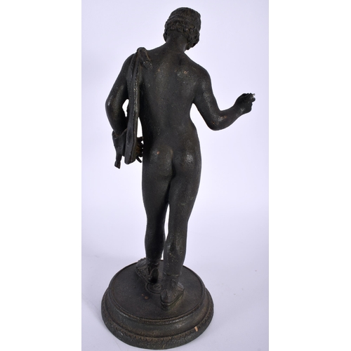 522 - A 19TH CENTURY ITALIAN GRAND TOUR BRONZE FIGURE OF NARCISSUS modelled upon a circular base. 27 cm hi... 