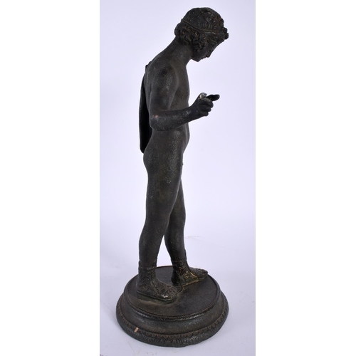 522 - A 19TH CENTURY ITALIAN GRAND TOUR BRONZE FIGURE OF NARCISSUS modelled upon a circular base. 27 cm hi... 