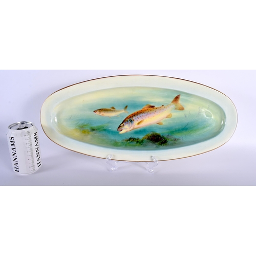 522C - A LOVELY ROYAL WORCESTER PORCELAIN TROUT PLATTER by Harris Davis. 48 cm x 20 cm.