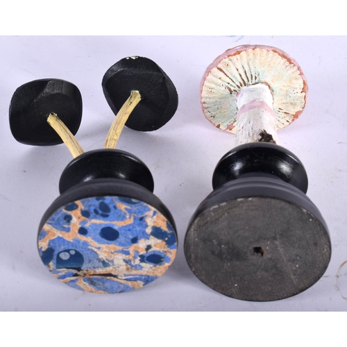 599 - TWO FOLK ART CARVED AND PAINTED WOOD MUSHROOM SPECIMENS. Largest 13 cm high. (2)