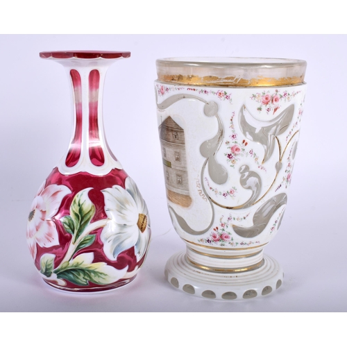 6 - A SMALL 19TH BOHEMIAN ENAMELLED PINK GLASS VASE together with a similar cup painted with a street sc... 