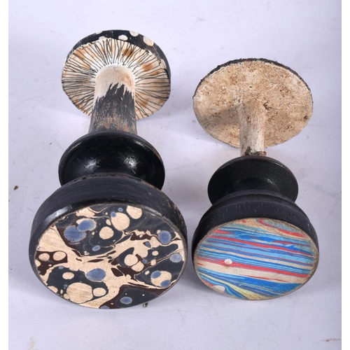 600 - TWO FOLK ART CARVED AND PAINTED WOOD MUSHROOM SPECIMENS. Largest 13 cm high. (2)