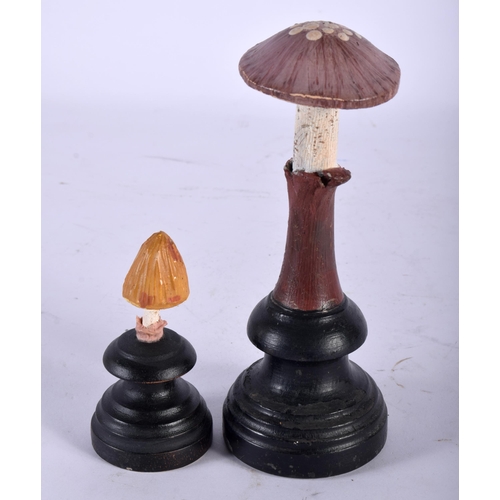 603 - TWO FOLK ART CARVED AND PAINTED WOOD MUSHROOM SPECIMENS. Largest 16 cm high. (2)