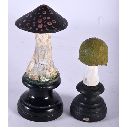 605 - TWO FOLK ART CARVED AND PAINTED WOOD MUSHROOM SPECIMENS. Largest 14 cm high. (2)