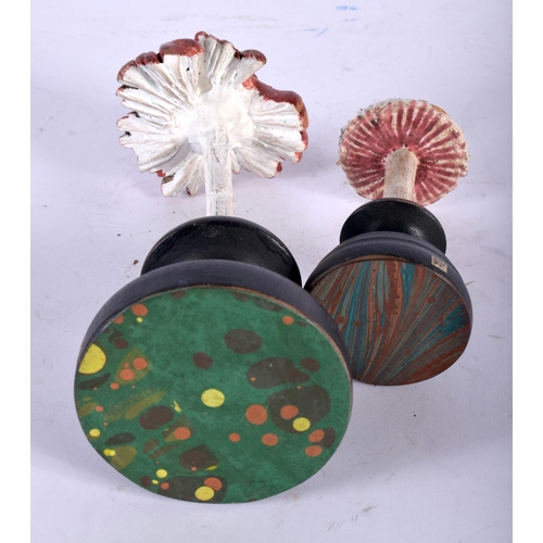 607 - TWO FOLK ART CARVED AND PAINTED WOOD MUSHROOM SPECIMENS. Largest 11 cm high. (2)