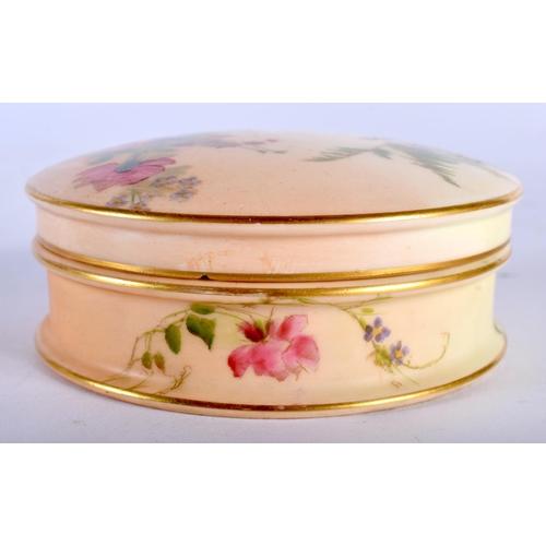 612 - A ROYAL WORCESTER BLUSH IVORY BOX AND COVER painted with flowers. 9.5 cm diameter.