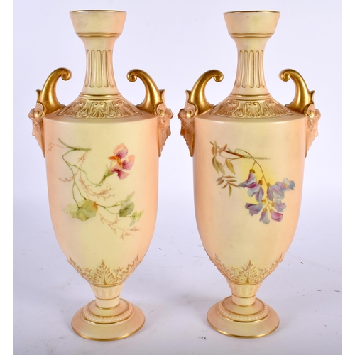 613 - A LARGE PAIR OF ANTIQUE TWIN HANDLED ROYAL WORCESTER BLUSH IVORY VASES painted with flowers and inse... 