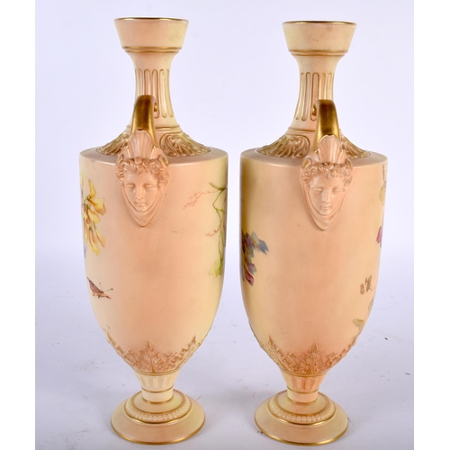 613 - A LARGE PAIR OF ANTIQUE TWIN HANDLED ROYAL WORCESTER BLUSH IVORY VASES painted with flowers and inse... 