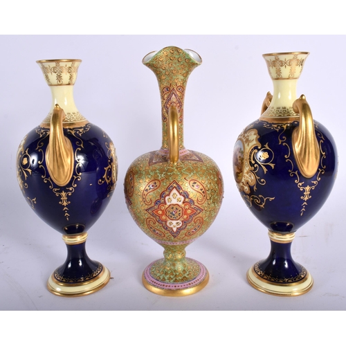 625 - A PAIR OF COALPORT TWIN HANDLED PORCELAIN LANDSCAPE VASES together with an unusual 19th century Coal... 