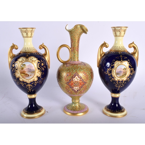 625 - A PAIR OF COALPORT TWIN HANDLED PORCELAIN LANDSCAPE VASES together with an unusual 19th century Coal... 