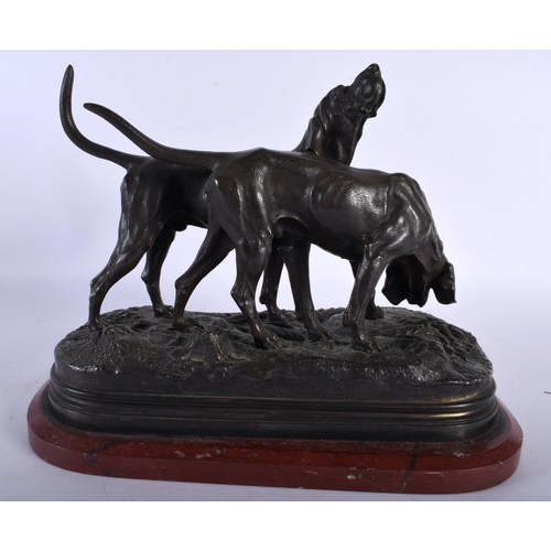 636 - AFTER ALFRED DUBUCAND (19th Century) A sculpture of two hunting dogs, signed A Dububand. 31 cm wide.